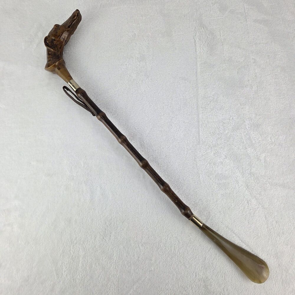 Vintage Dog Head Handle Long Shoe Horn 22 Inch Cane Style Bamboo Leather Strap